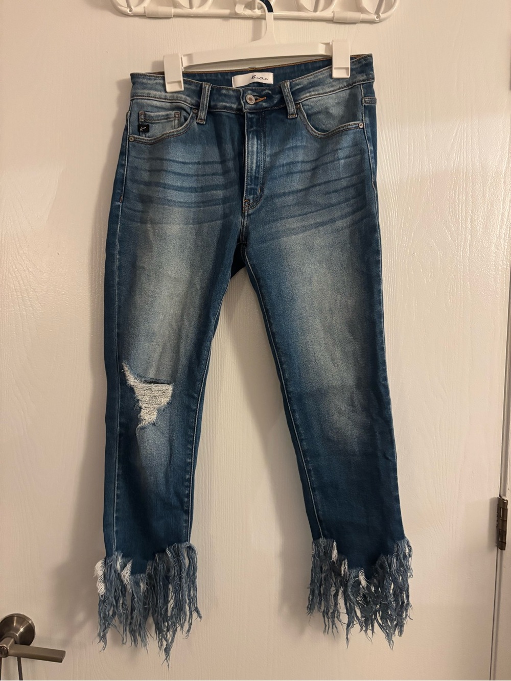 KanCan Blue Distressed Cropped Jeans with Frayed Hem